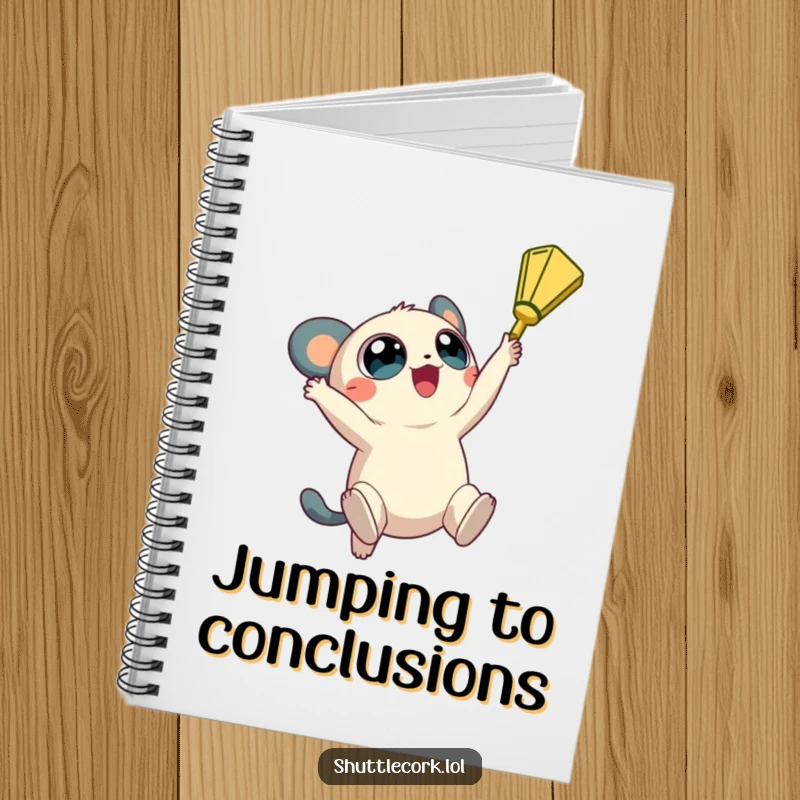 Funny notebook: a creature with big, round eyes jumps high, reaching for a shuttlecock, illustrating focused aspiration.