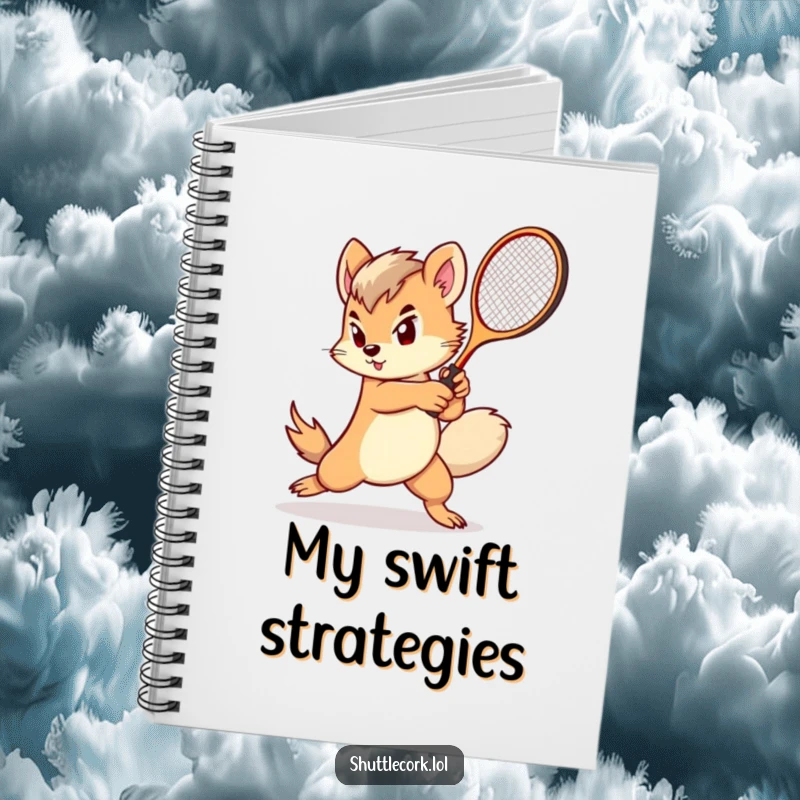Funny notebook: a determined creature with a fluffy tail swings a miniature racket with impressive speed and focus.