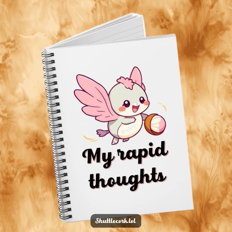 Funny notebook: a speedy creature with tiny wings zips around a shuttlecock, eyes sparkling with athletic focus.