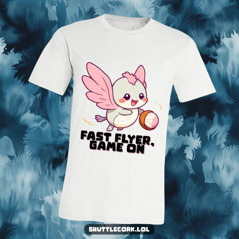 Funny t-shirt: a speedy creature with tiny wings zips around a shuttlecock, eyes sparkling with badminton-fueled excitement.