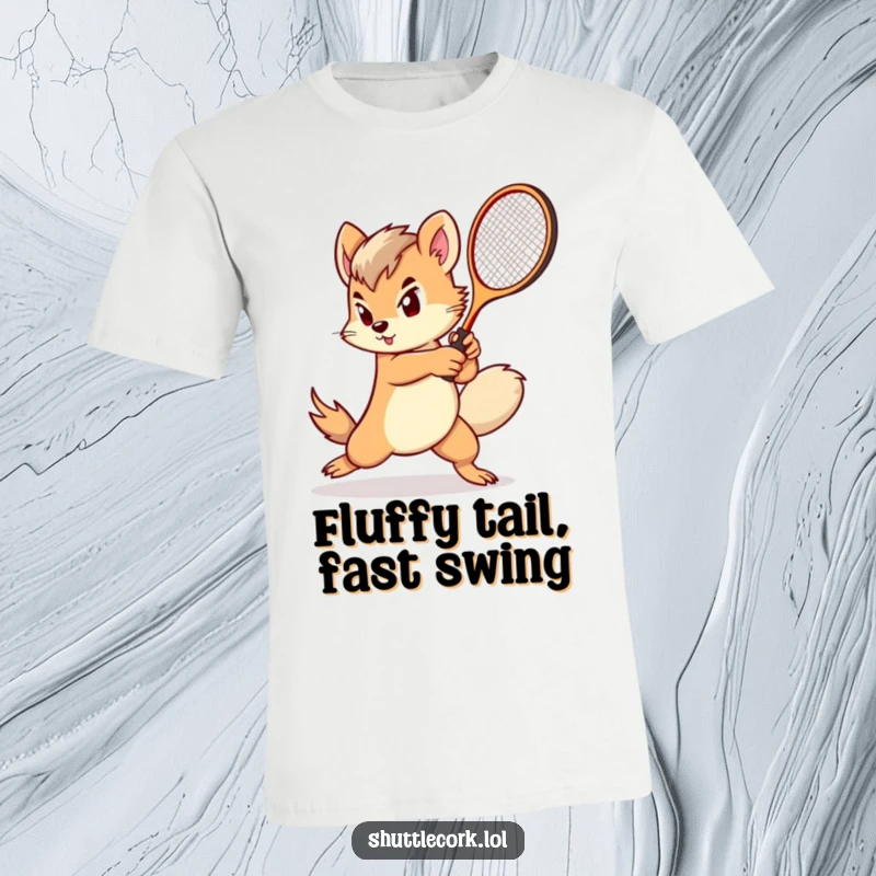 Funny t-shirt: a determined creature with a fluffy tail swings a miniature racket with impressive speed and agility.