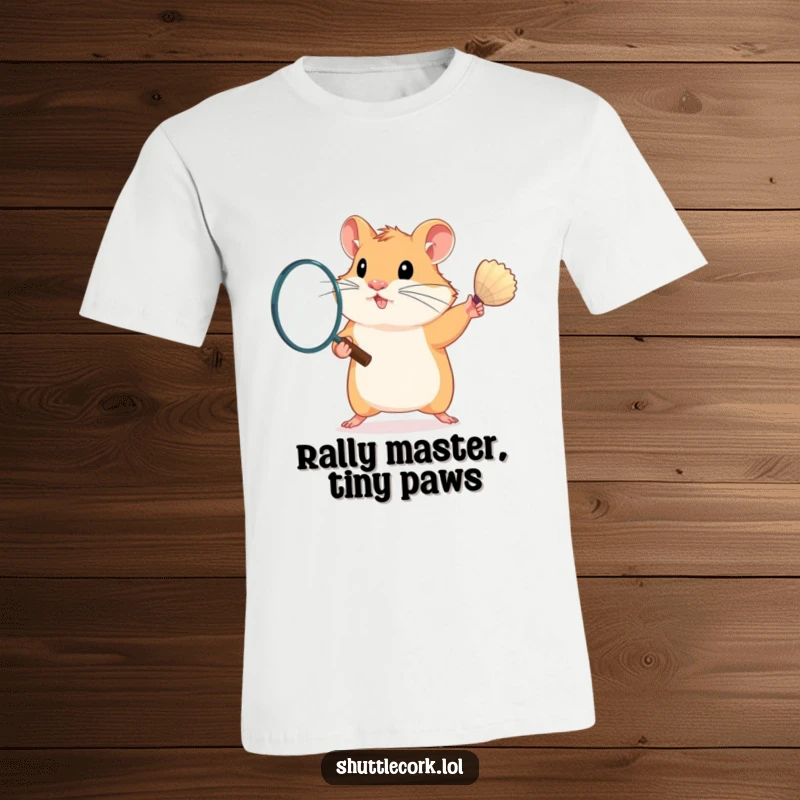 Funny t-shirt graphic of a determined hamster mid-swing with a badminton racket, looking focused and athletic.