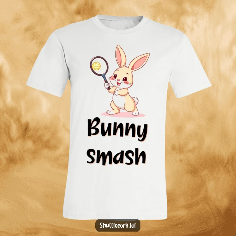 Funny bunny t-shirt with a bouncy bunny aiming a tennis racquet at a shuttlecock, ready for action.