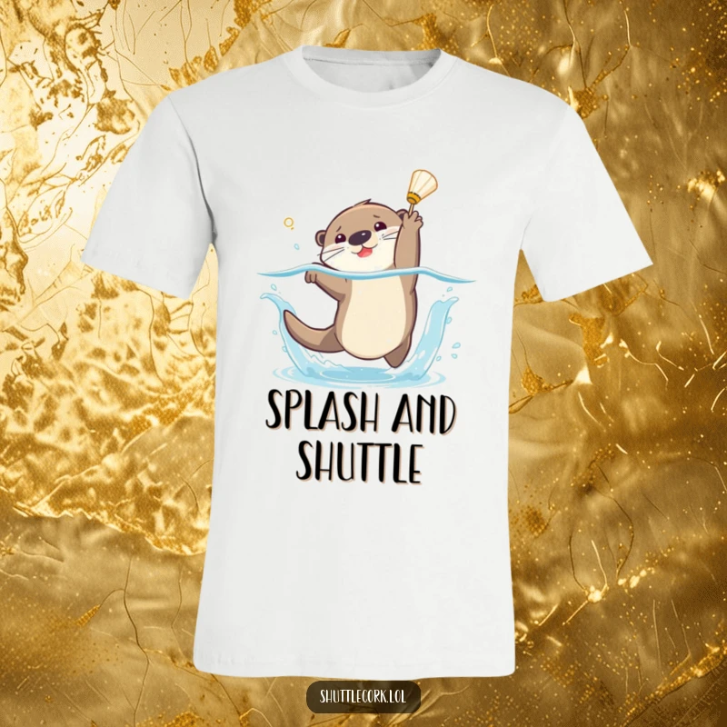 Funny t-shirt design of a joyful otter leaping and diving with a splash to catch a shuttlecock during a badminton match.