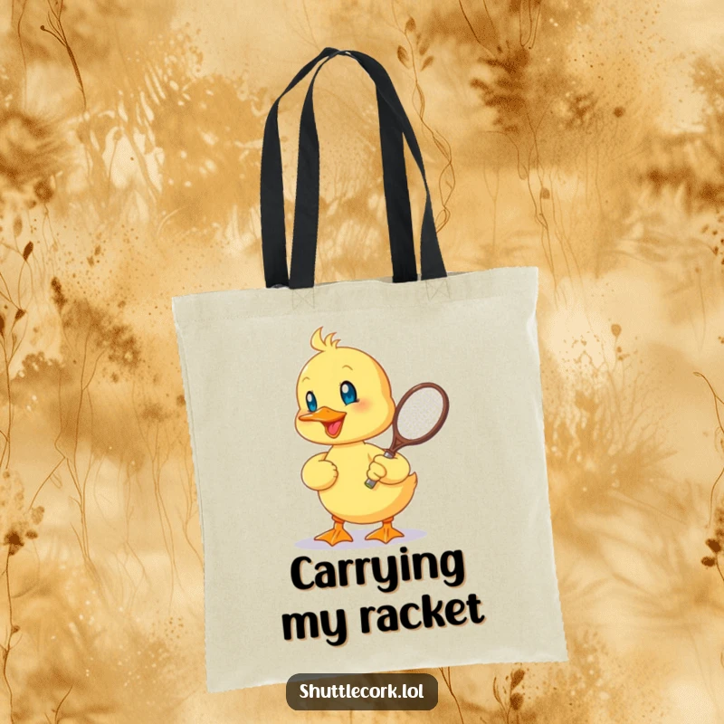 Funny tote bag featuring a cheerful duckling hitting a shuttlecock with a tiny racquet, perfect for carrying essentials with sporty flair.