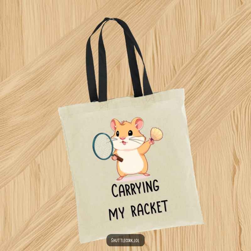 Funny tote bag print of a hamster intensely focused on swinging a badminton racket, ready for a tournament.
