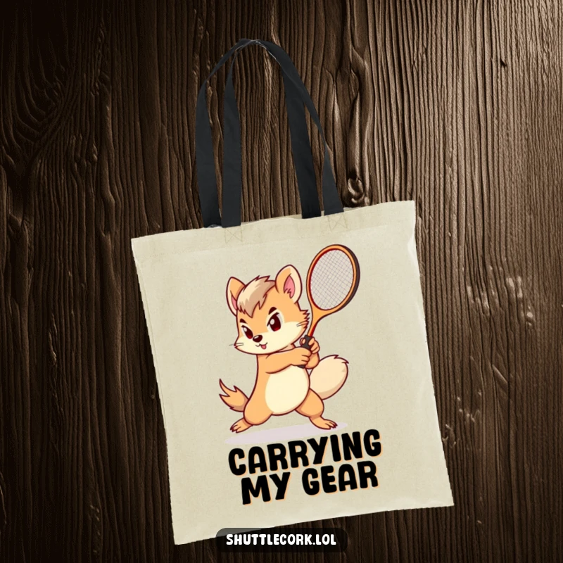 Funny tote bag: a determined creature with a fluffy tail swings a miniature racket with impressive speed and determination.