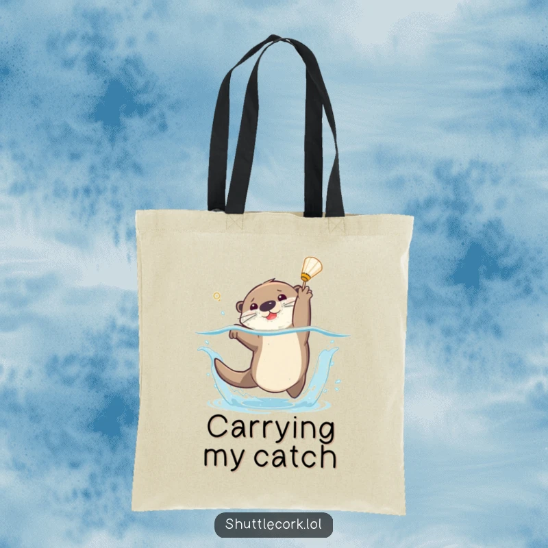 Funny tote bag print of a playful otter executing a dynamic dive with a splash to intercept a shuttlecock in mid-air.