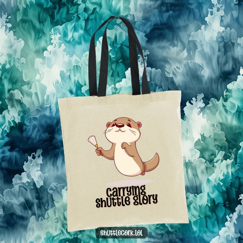 Funny otter tote bag illustrating a curious otter leaping with determination to catch a shuttlecock, ideal for sports fans.