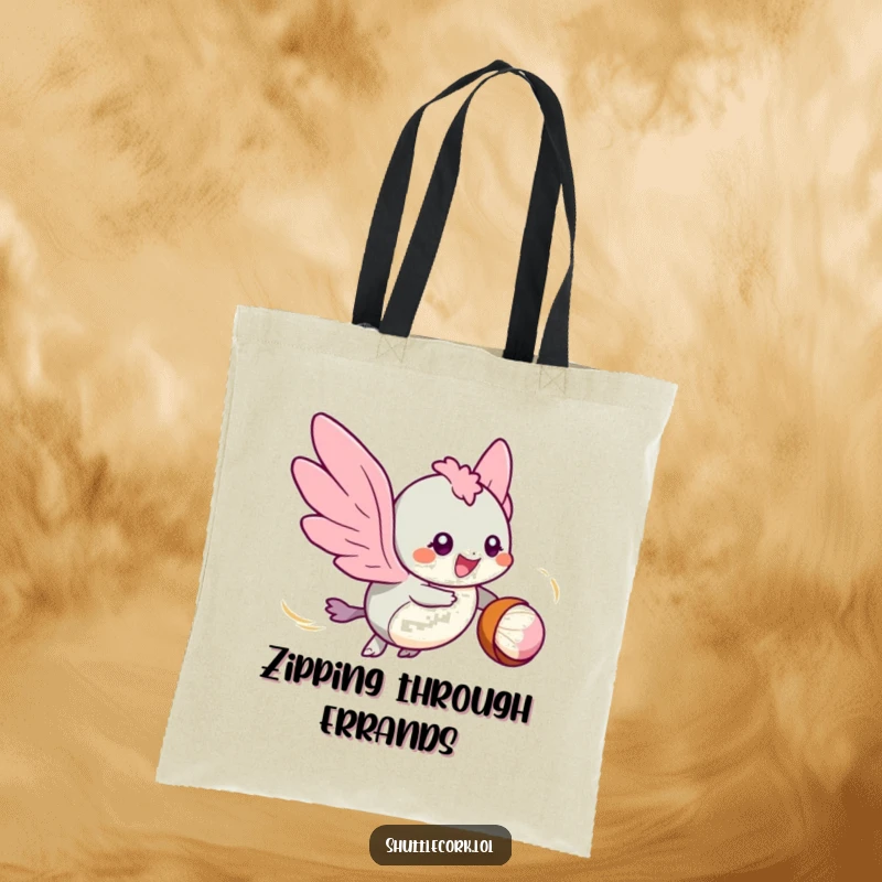 Funny tote bag: a speedy creature with tiny wings zips around a shuttlecock, eyes sparkling with the thrill of the game.